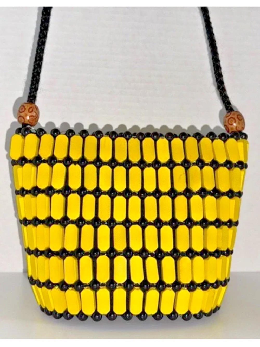 Kenyan Mini Bag Yellow Black Wooden Beads Bucket Statement Festival Dopamine 6x7